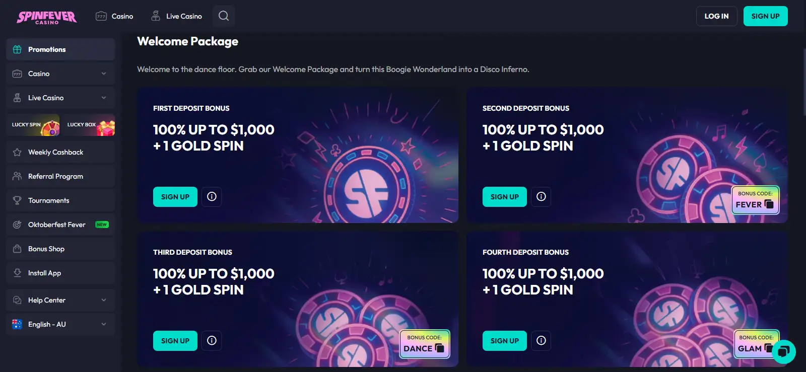 SpinFever Bonuses Australia – Welcome Package and Terms
