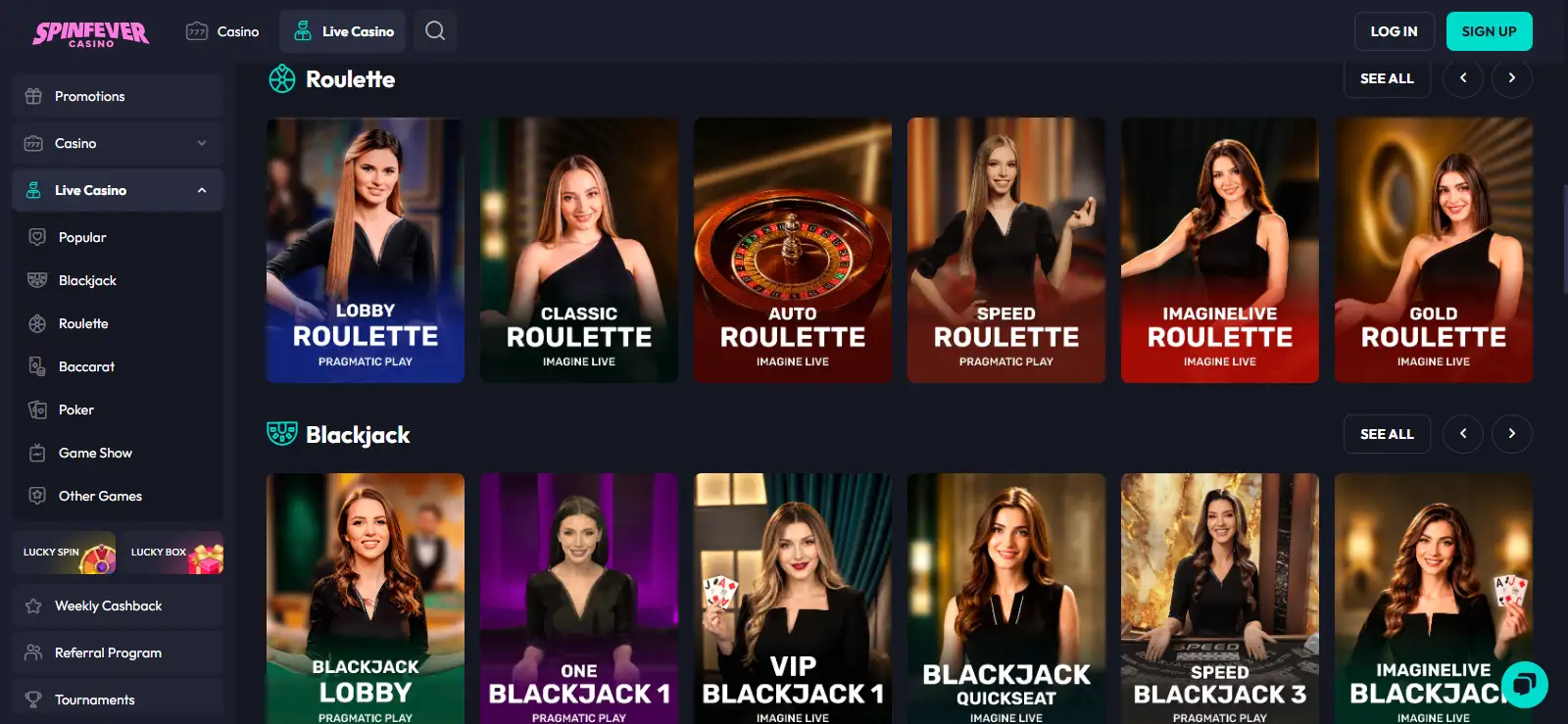 Current SpinFever live casino lobby for Australian users