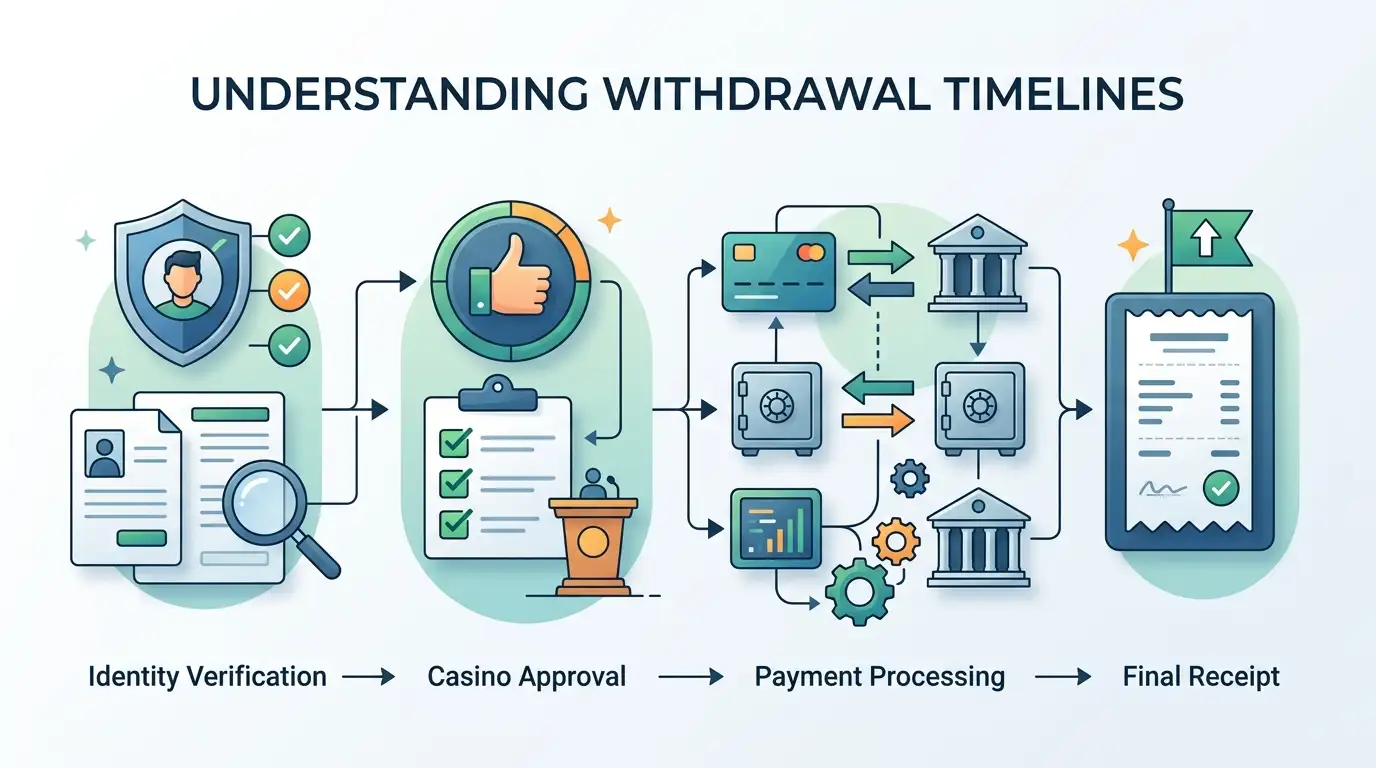 Illustration of a withdrawal moving from account verification through casino approval to an Australian payout route
