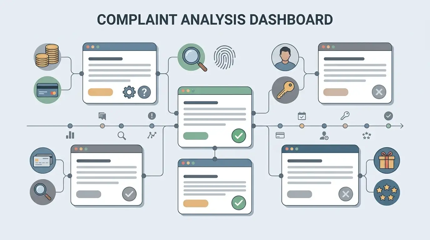 Neutral complaint analysis showing issue categories and different case statuses