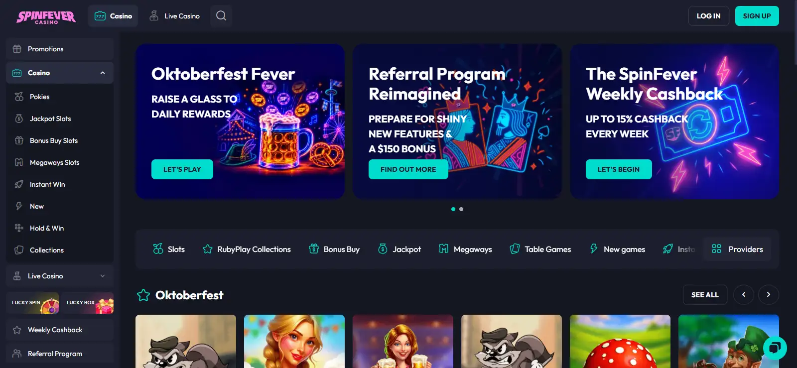 SpinFever Australia homepage interface