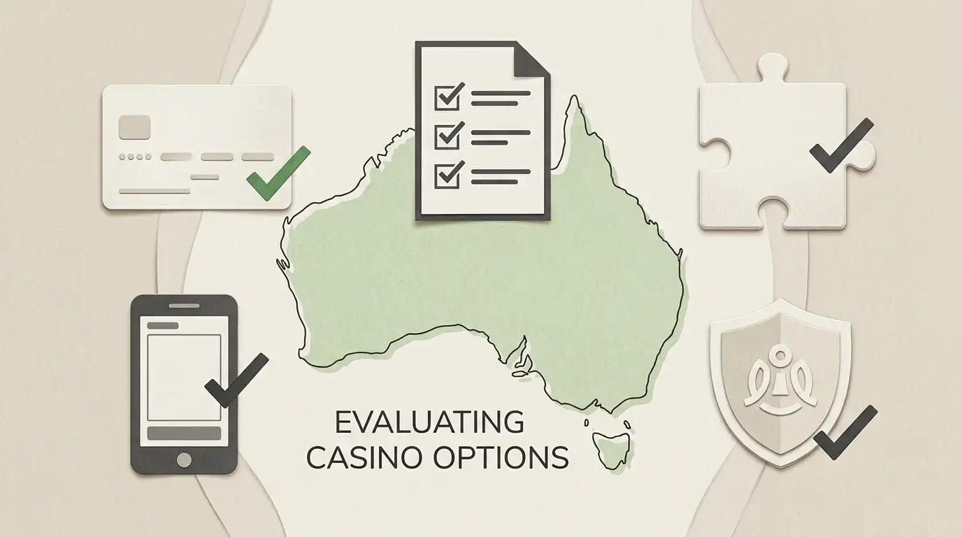 Editorial illustration of Australian casino decision checks